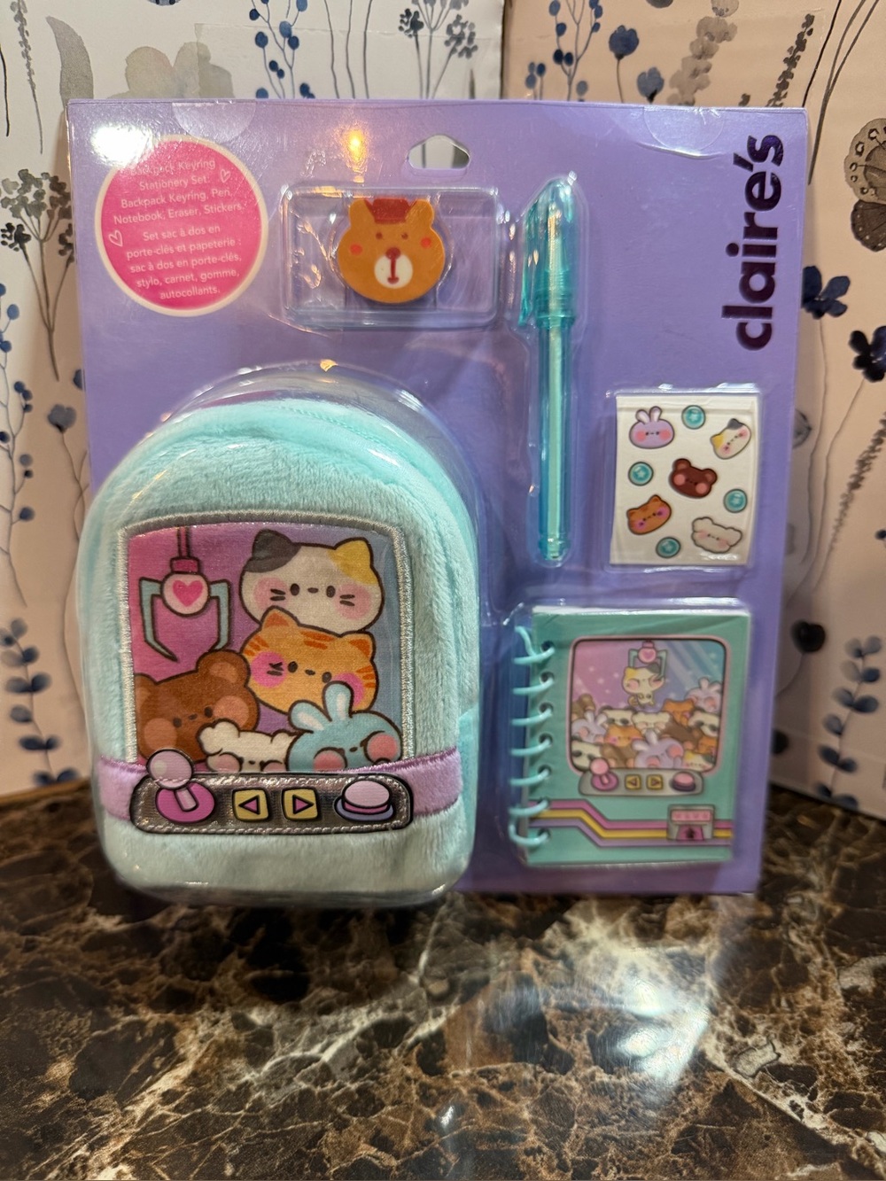 Claire's Kids Plush Arcade Backpack Bag Charm Stationery Set